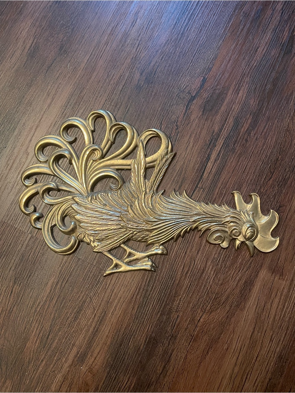 Vintage MCM Solid Brass Rooster Art Wall Hanging 14.5” Long Chicken Grannycore